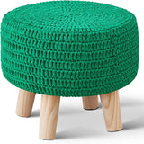 Scalebeard Pouf Ottoman, Cotton Knitted Boho Footstool, Round Footrest with Non-Skid Wood Legs, Home Décor Handmade Pouffe, Leisure Floor Step Stool for Living Room