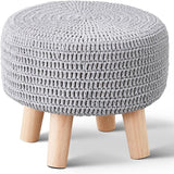 Scalebeard Pouf Ottoman, Cotton Knitted Boho Footstool, Round Footrest with Non-Skid Wood Legs, Home Décor Handmade Pouffe, Leisure Floor Step Stool for Living Room