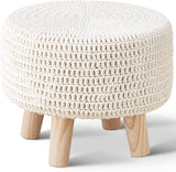 Scalebeard Pouf Ottoman, Cotton Knitted Boho Footstool, Round Footrest with Non-Skid Wood Legs, Home Décor Handmade Pouffe, Leisure Floor Step Stool for Living Room