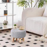 Scalebeard Pouf Ottoman, Cotton Knitted Boho Footstool, Round Footrest with Non-Skid Wood Legs, Home Décor Handmade Pouffe, Leisure Floor Step Stool for Living Room