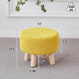 Scalebeard Pouf Ottoman, Cotton Knitted Boho Footstool, Round Footrest with Non-Skid Wood Legs, Home Décor Handmade Pouffe, Leisure Floor Step Stool for Living Room