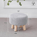 Scalebeard Pouf Ottoman, Cotton Knitted Boho Footstool, Round Footrest with Non-Skid Wood Legs, Home Décor Handmade Pouffe, Leisure Floor Step Stool for Living Room