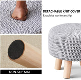 Scalebeard Pouf Ottoman, Cotton Knitted Boho Footstool, Round Footrest with Non-Skid Wood Legs, Home Décor Handmade Pouffe, Leisure Floor Step Stool for Living Room