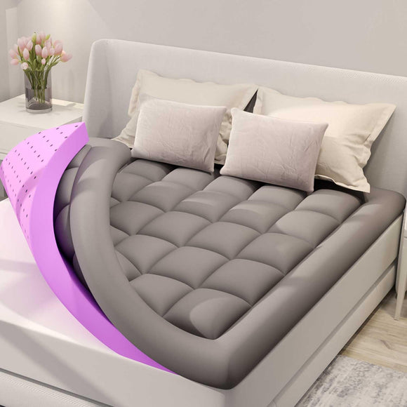 Scalebeard Dual Layer 5 Inch Memory Foam Mattress Topper King Size, 2 Inch Gel Memory Foam Plus 3 Inch 1450 GSM Down Alternative Quilted Pillow Top Mattress Pad Cover,Dark Gray,King Size With Set of 2 Pillows