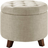Scalebeard Round Linen Ottoman with Storage, Tufted Upholstered Footstool for Living Room and Bedroom, 20" x 17", Linen Burlap Beige