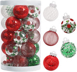 Toyswill 25PCS Christmas Ornaments Set, 2.36"/6CM Assorted Clear Plastic Shatterproof Ball Hanging Ornaments for Xmas Tree Decorations, for Indoor Home Holiday Decor - Red/Green/White.