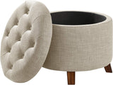 Scalebeard Round Linen Ottoman with Storage, Tufted Upholstered Footstool for Living Room and Bedroom, 20" x 17", Linen Burlap Beige