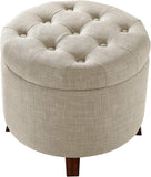 Scalebeard Round Linen Ottoman with Storage, Tufted Upholstered Footstool for Living Room and Bedroom, 20" x 17", Linen Burlap Beige
