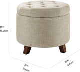 Scalebeard Round Linen Ottoman with Storage, Tufted Upholstered Footstool for Living Room and Bedroom, 20" x 17", Linen Burlap Beige